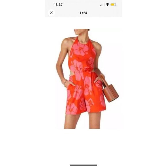 Staud Red Pink Tropical Hawaiian Floral Halter Open Back Romper Womens US 0 (W) - Picture 2 of 6